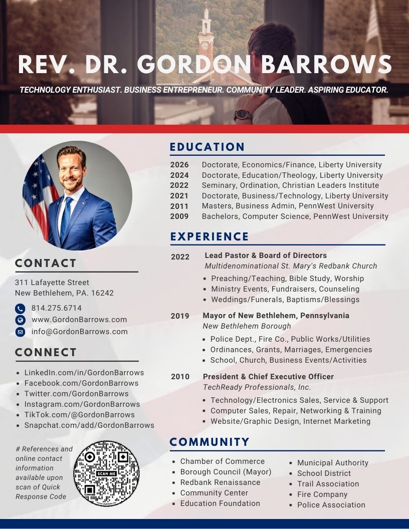 Résumé InfoPic - Rev. Dr. Gordon Barrows - New Bethlehem PA