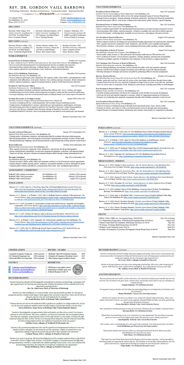 Curriculum Vitae - Gordon Barrows - New Bethlehem PA