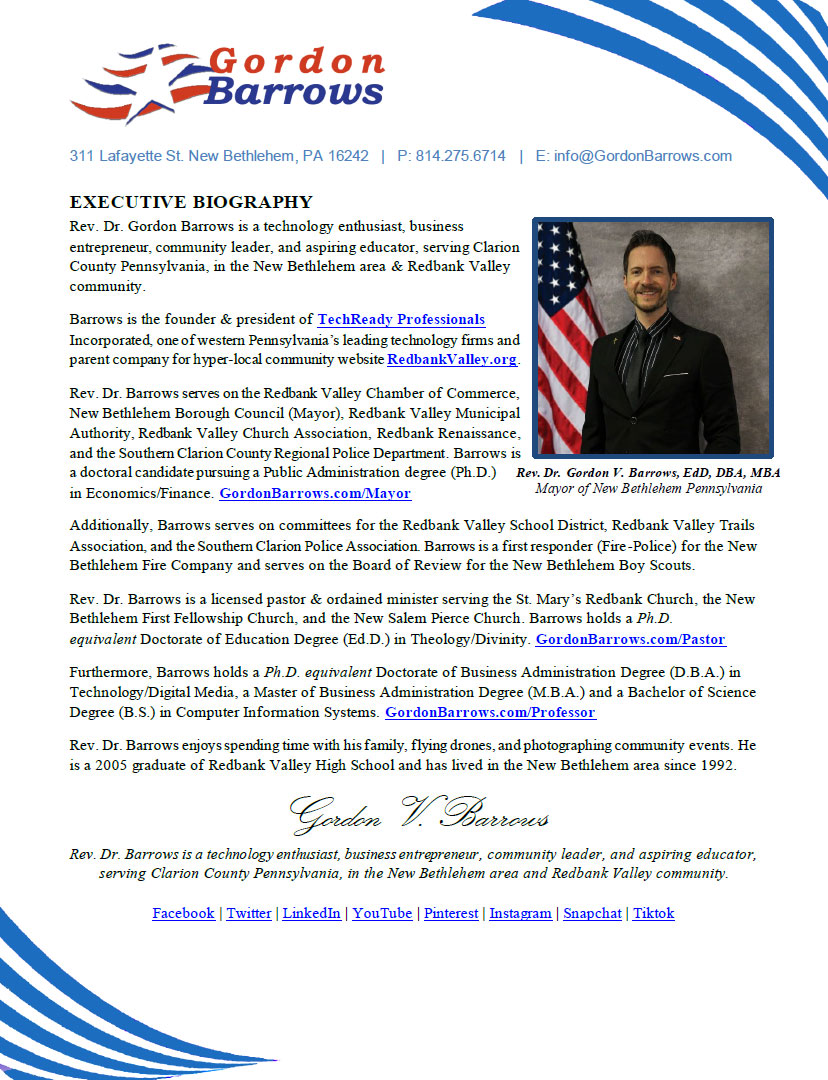 Biography - Rev. Dr. Gordon Barrows - New Bethlehem PA