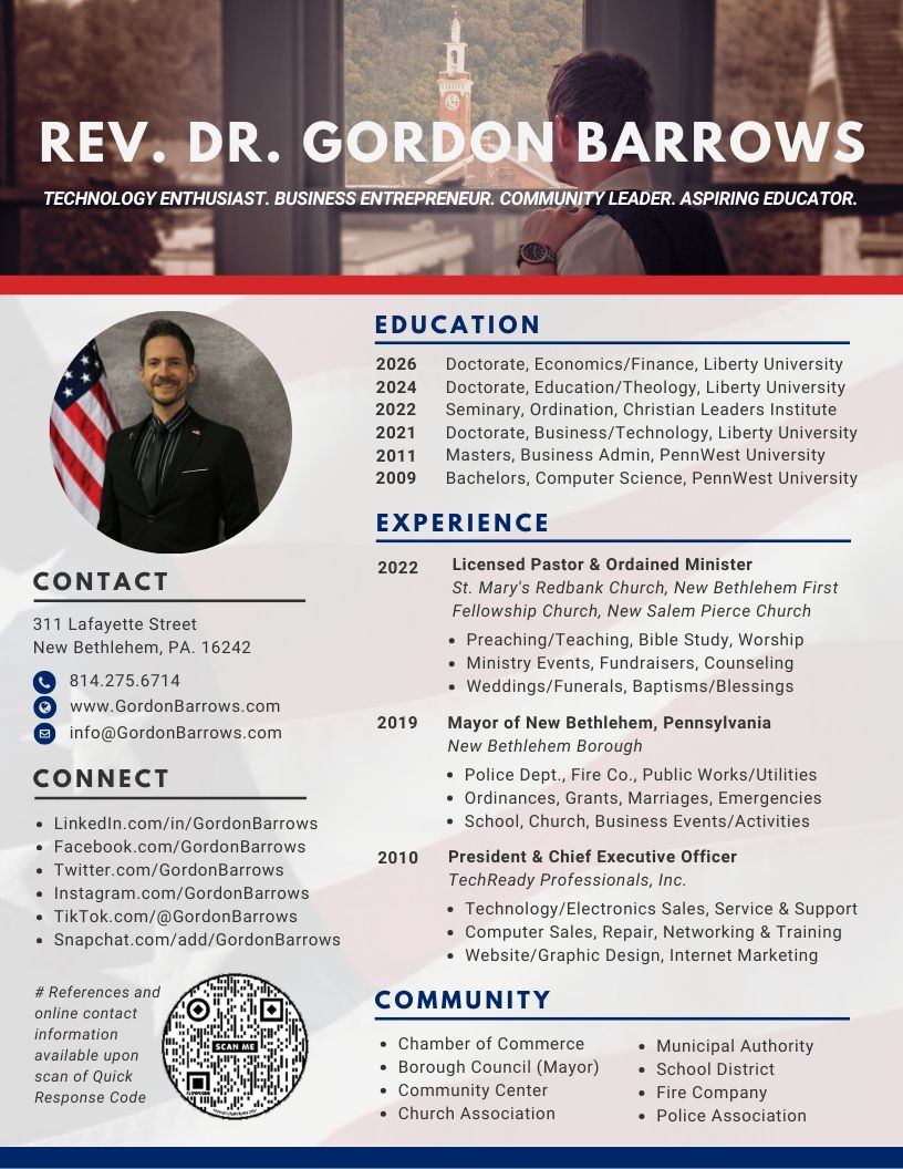 Résumé InfoPic - Rev. Dr. Gordon Barrows - New Bethlehem PA
