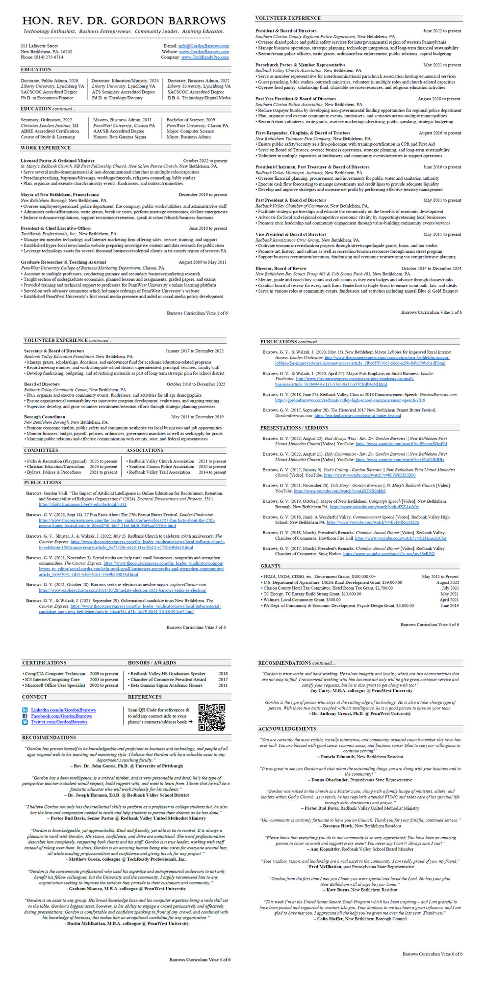 Curriculum Vitae - Gordon Barrows - New Bethlehem PA