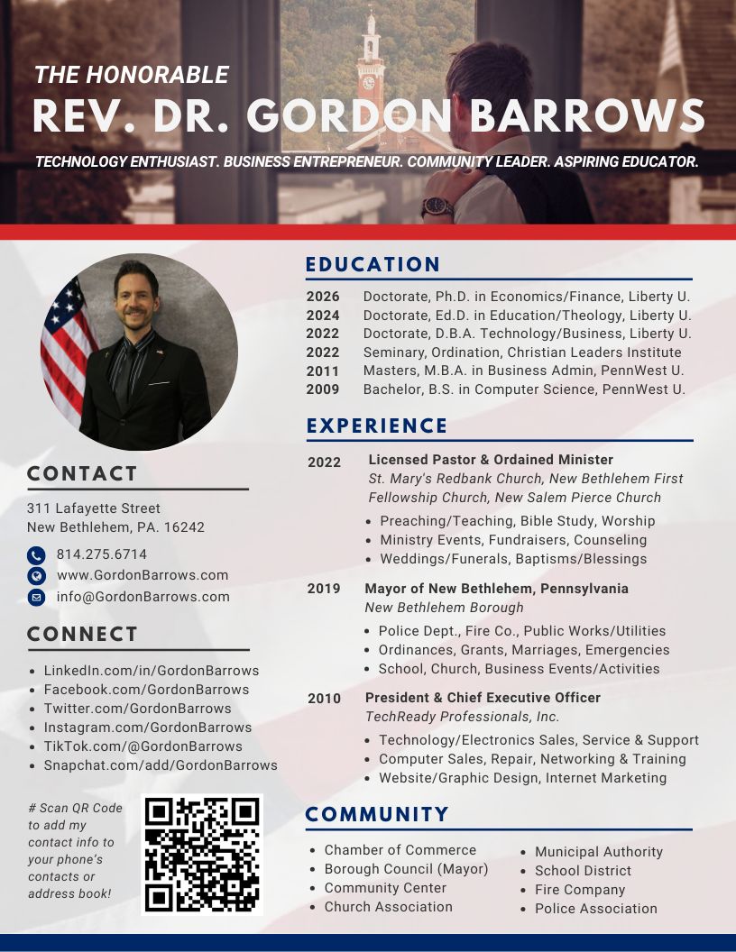 Résumé InfoPic - Rev. Dr. Gordon Barrows - New Bethlehem PA